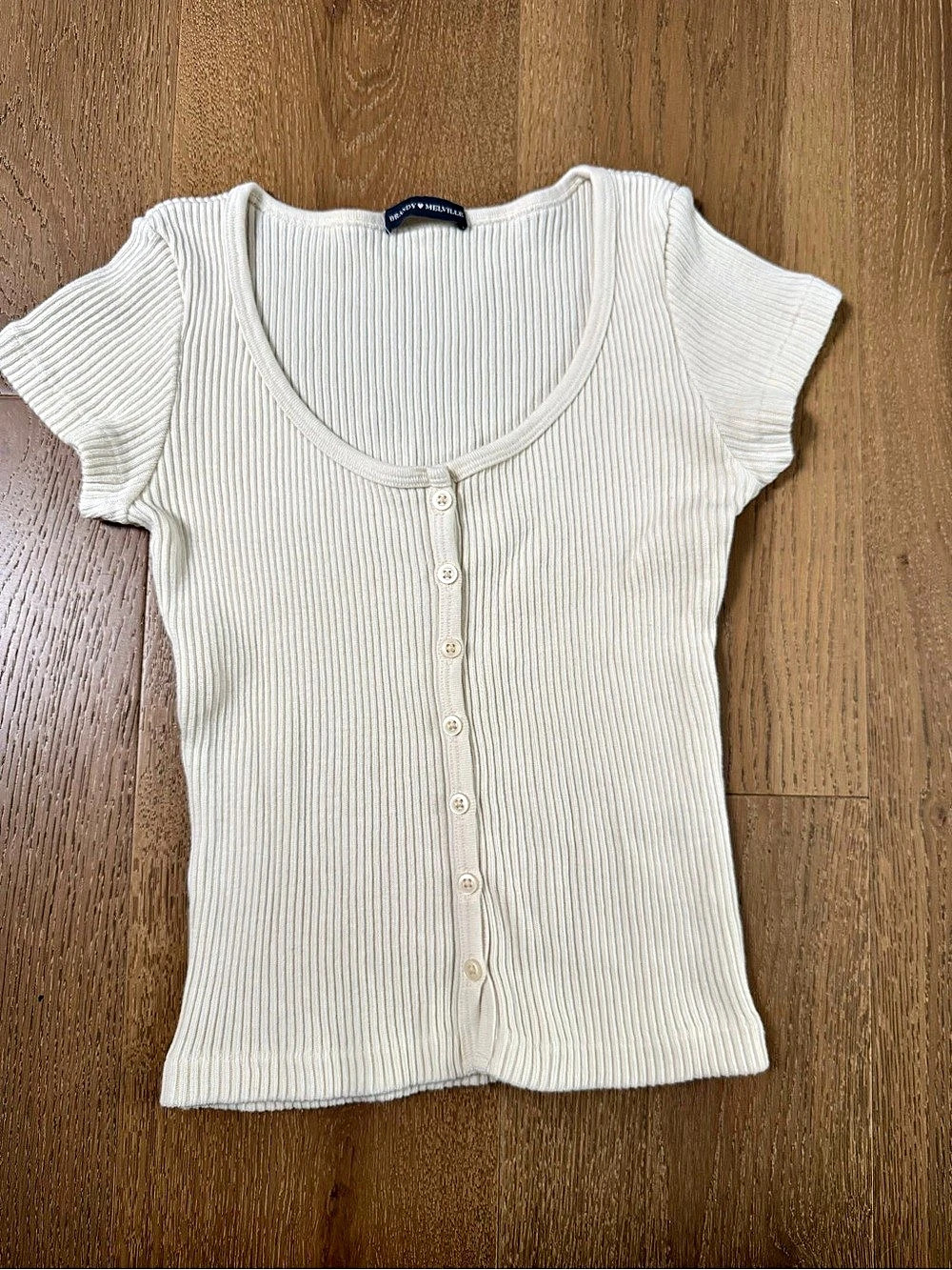Brandy Melville White Ribbed Knit Henley Short Sleeve Top